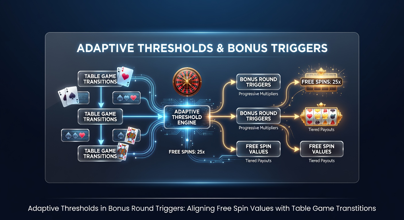 Diagram showing adaptive threshold mechanics linking slot bonus rounds to table game sessions in casino environments