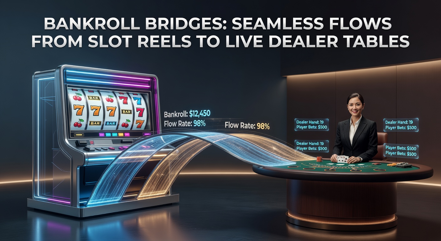 Vibrant casino floor showing slot machines transitioning to live dealer blackjack tables, illustrating bankroll flow between games