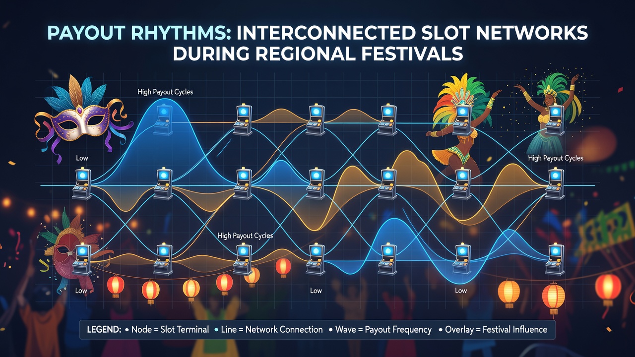 Interconnected slot machines displaying payout data during a busy festival period at a regional casino
