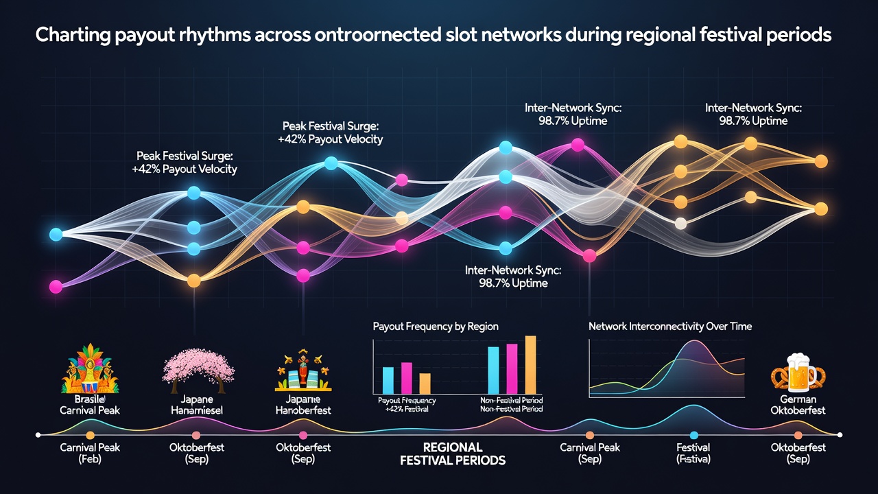 Data visualization screen showing payout rhythm charts from interconnected slot networks during festival activity