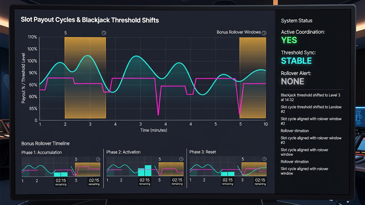 Chart illustrating bonus rollover progress bars alongside slot cycle indicators and blackjack hand count thresholds