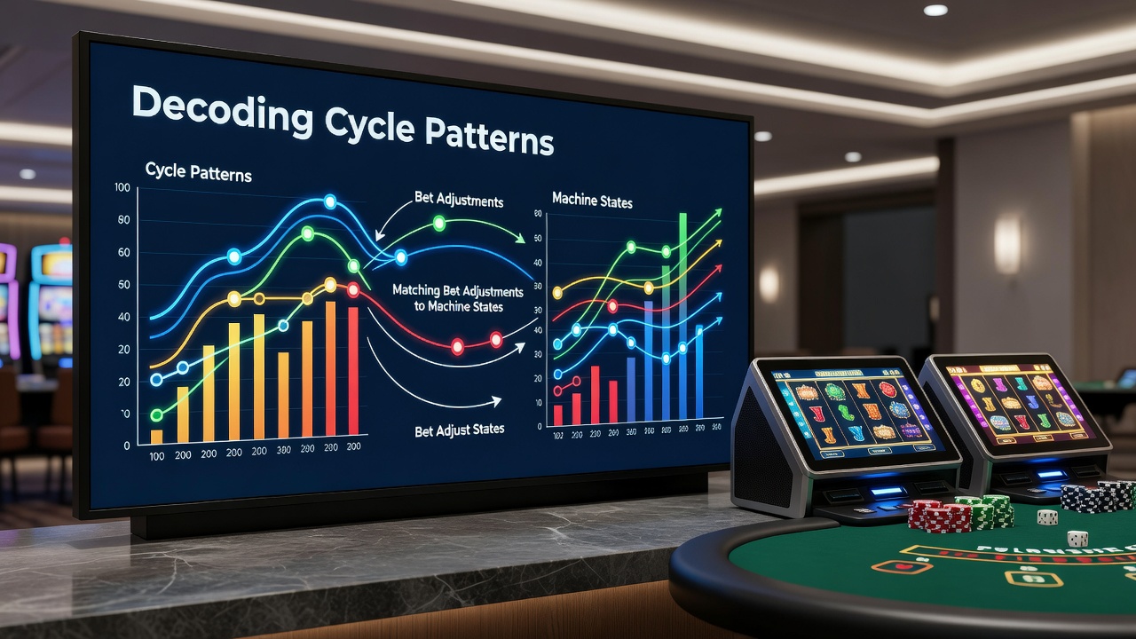 Diagram showing slot machine cycle indicators alongside table game bet progression charts