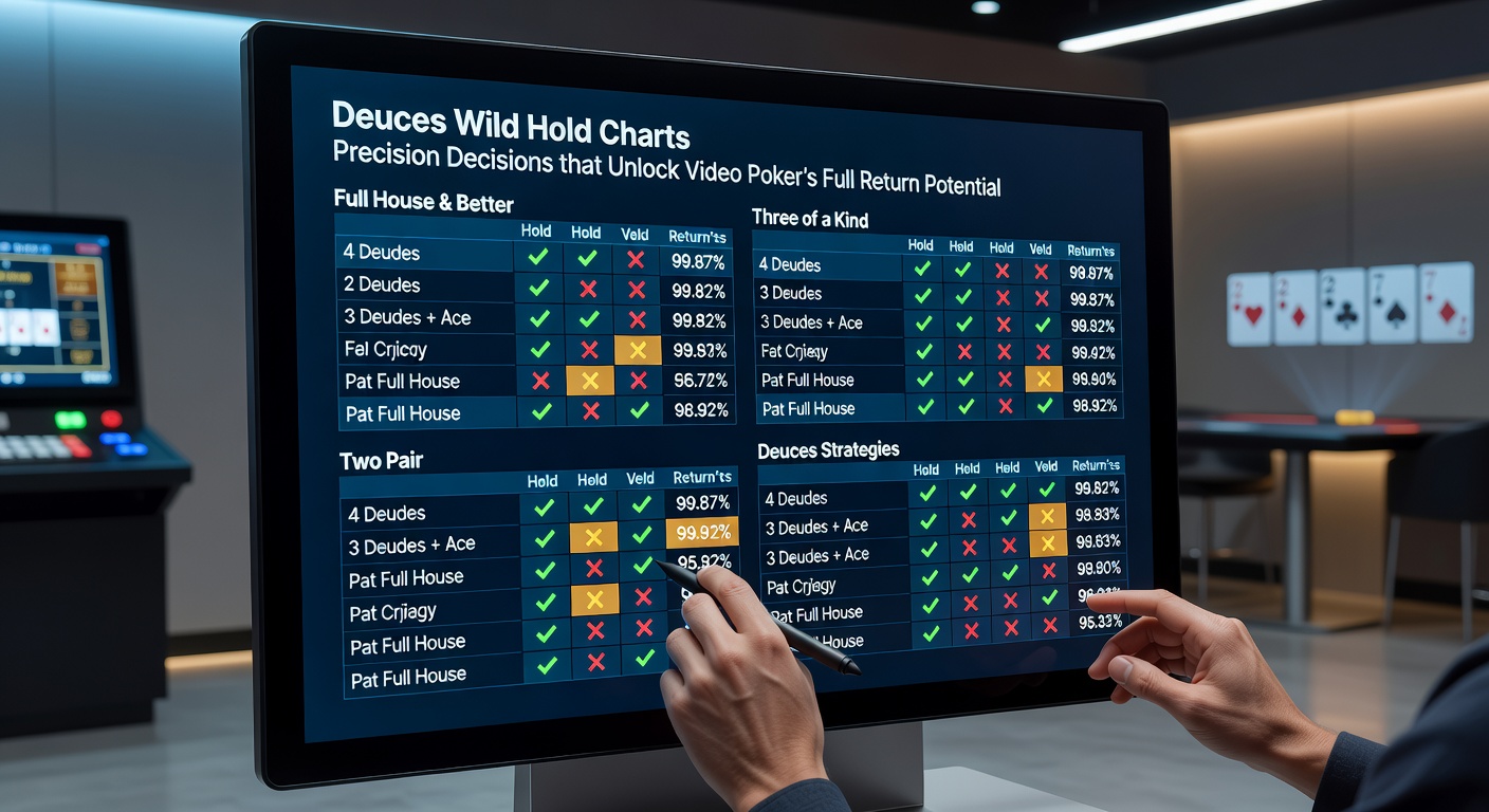 Detailed Deuces Wild hold chart grid illustrating ranked hold options for various five-card starting hands, emphasizing wild deuce strategies