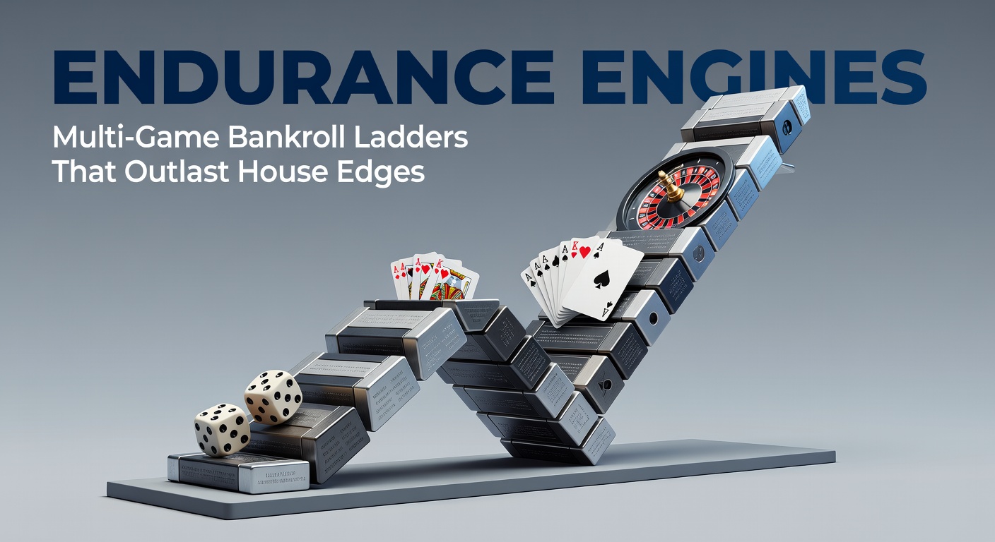 Illustration of stacked bankroll ladders climbing across various casino games like slots, blackjack, and roulette, symbolizing extended endurance play