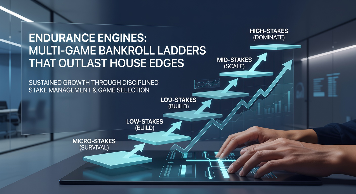 Chart depicting a multi-game bankroll ladder progression, with bars showing session length extensions and reduced variance across blackjack, slots, and roulette