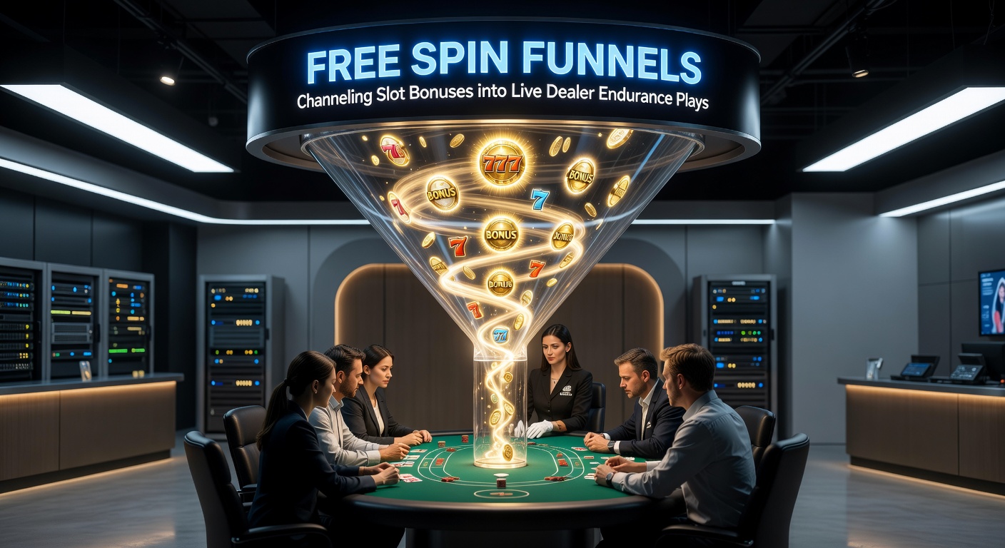 Live dealer roulette wheel spinning under studio lights, with overlaid graphics showing bankroll progression from slot icons to chip stacks