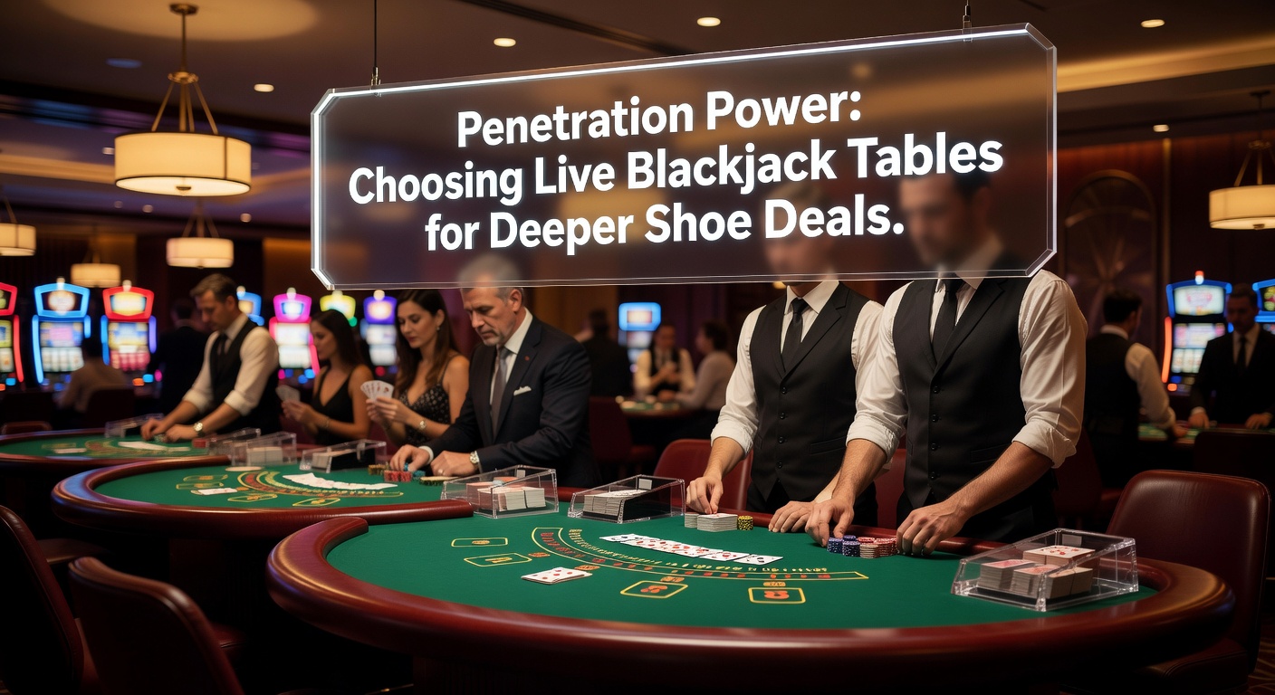 Close-up of a blackjack shoe during deep penetration, with dealer cutting fewer cards before reshuffle