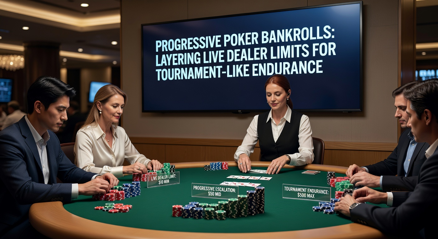 Poker player at live dealer table analyzing bankroll progression on screen