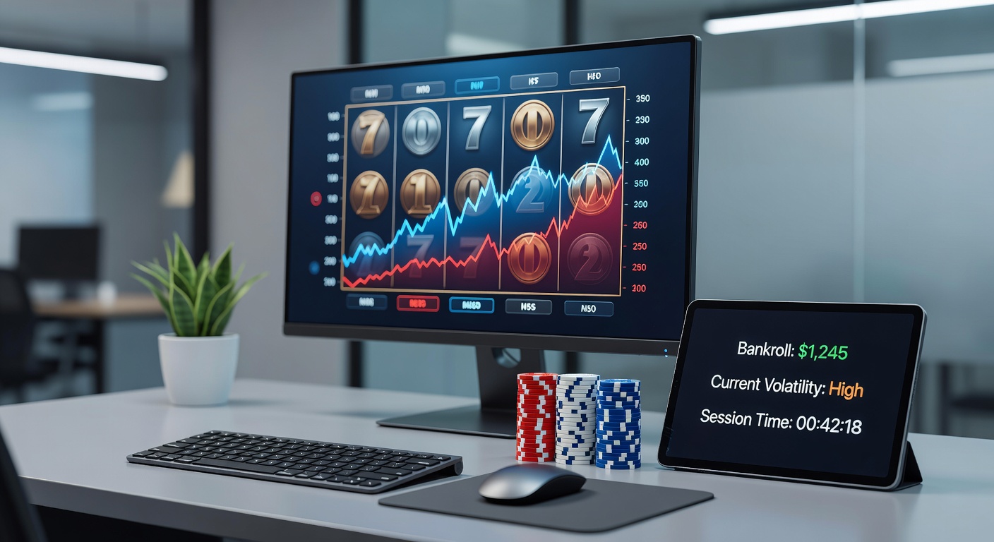 Player at slot bank switching machines mid-session, with bankroll tracker graphic showing volatility alignment