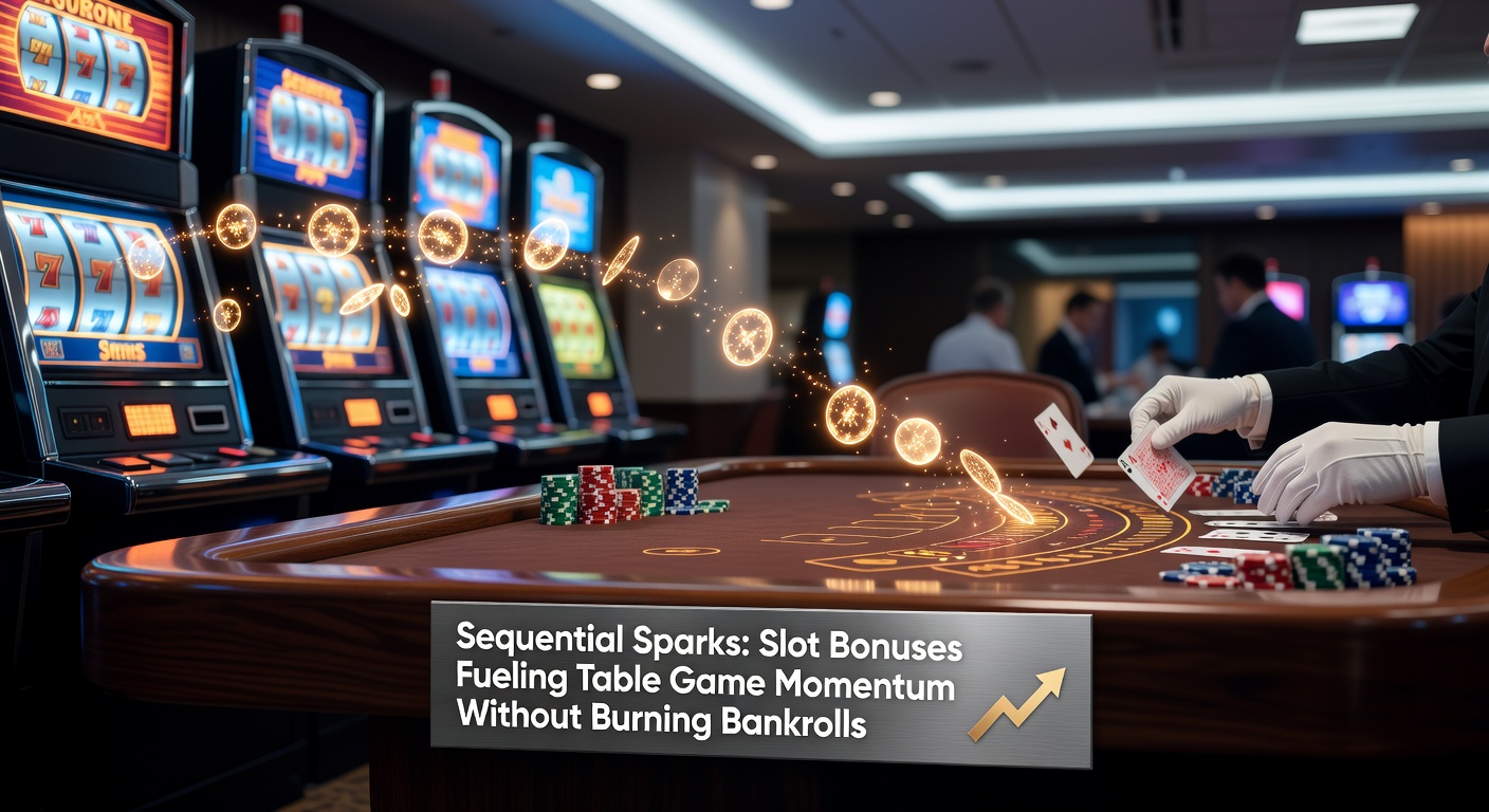 Vibrant slot machine displaying a bonus round with cascading sparks transitioning to a lively blackjack table scene