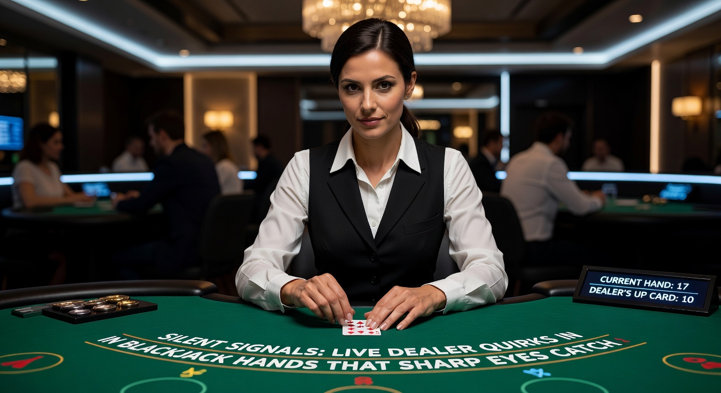 Close-up of dealer's hands revealing blackjack cards, with subtle finger positioning and chip stack in background