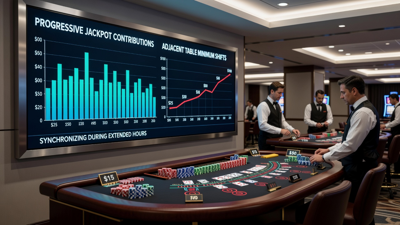 Technician reviewing synchronized jackpot meters and table minimum settings on a casino control dashboard