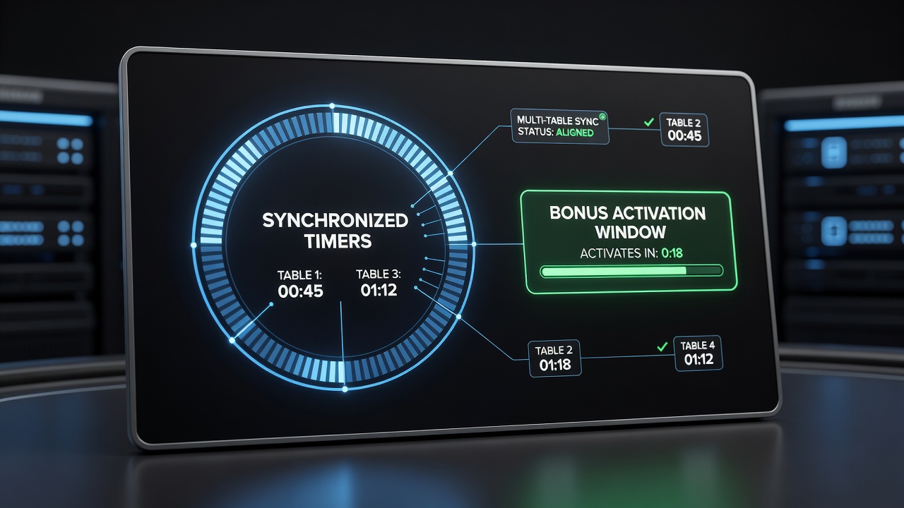 Diagram showing session timers aligned with bonus activation periods across multiple casino tables