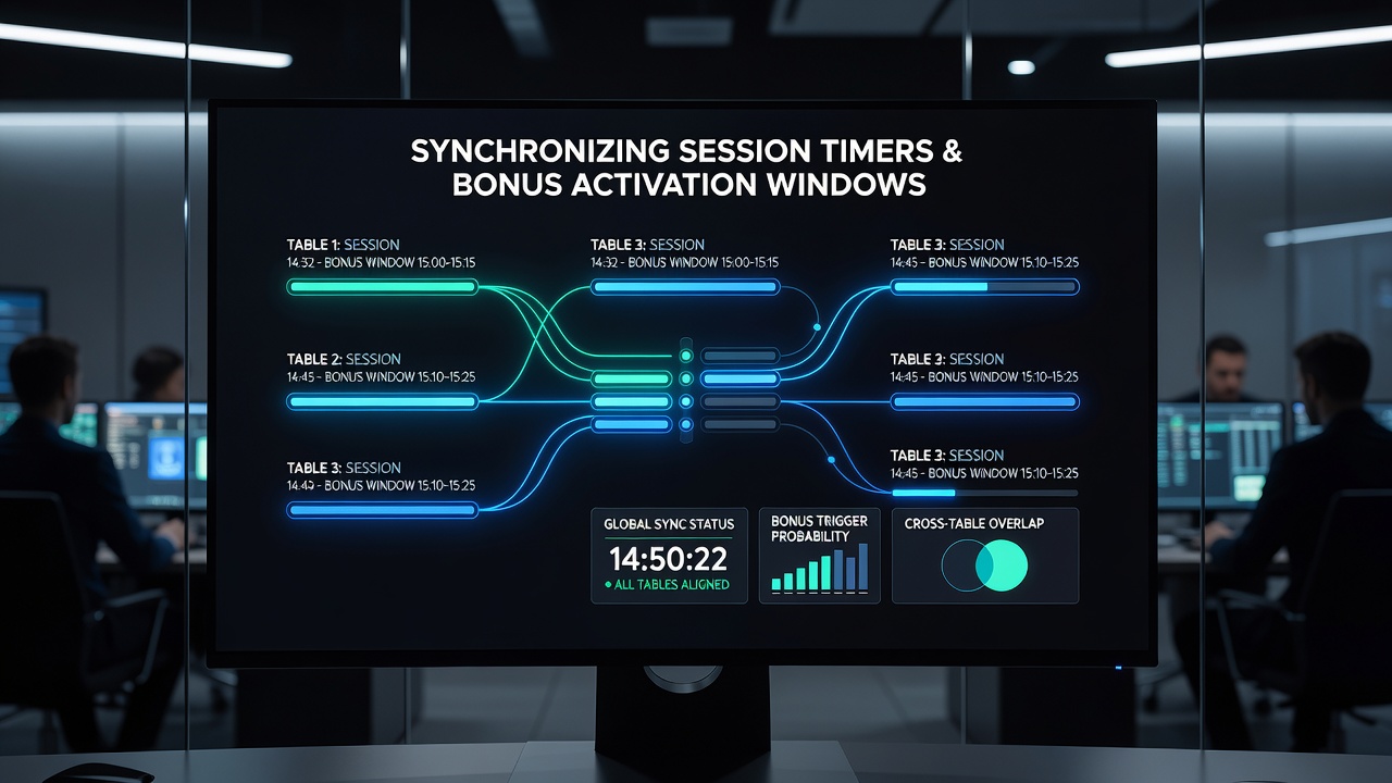 Screenshot of casino software interface displaying synchronized timers for multiple tables and bonus windows