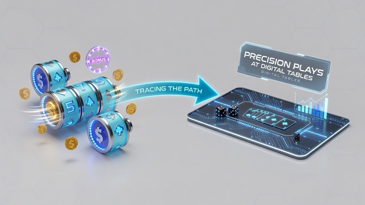 Digital casino interface showing slot reels transitioning into a virtual blackjack table with cards and chips