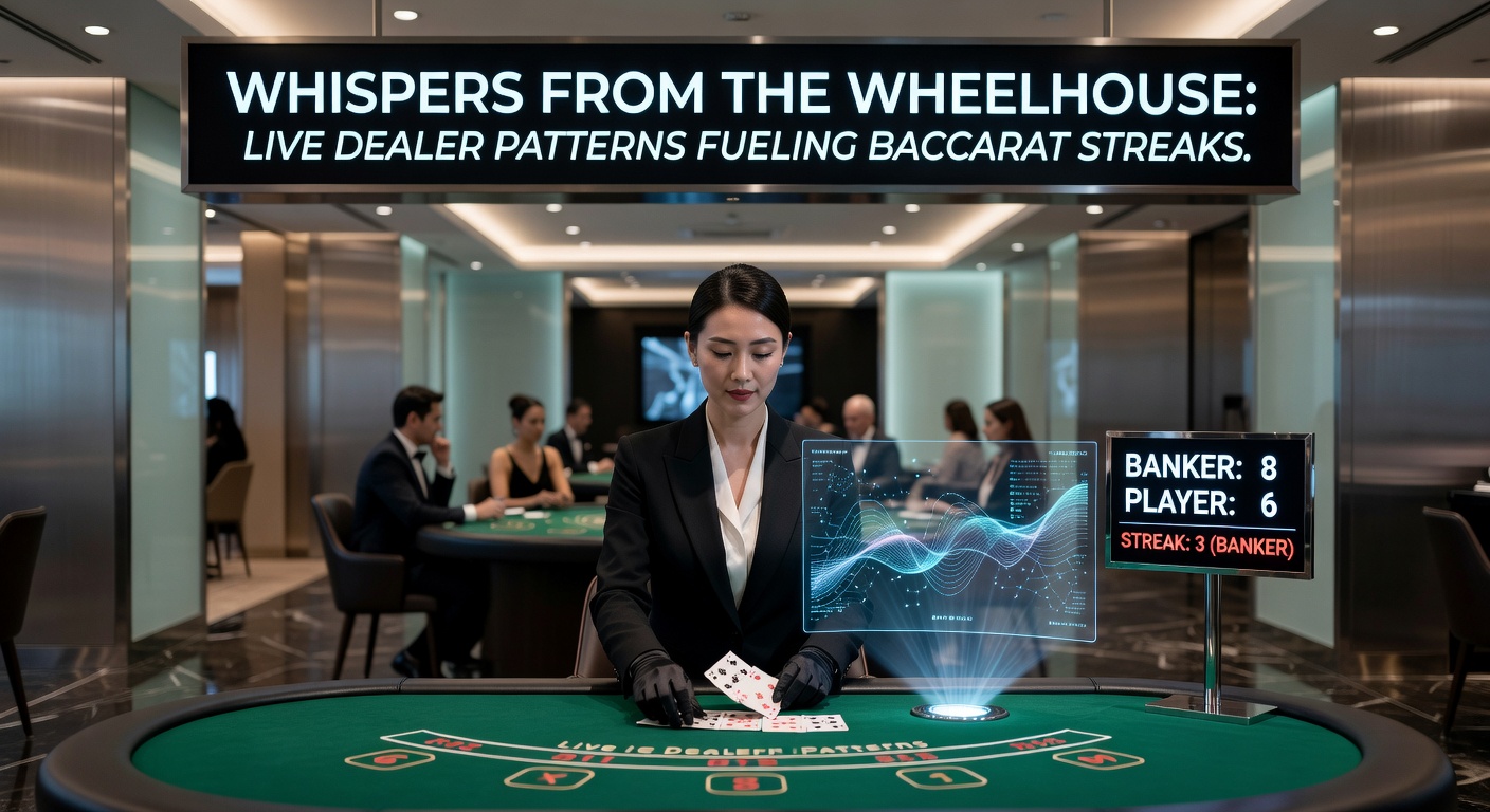 Close-up of a live dealer dealing from the baccarat shoe, with chips stacked high and scoreboards showing recent streaks